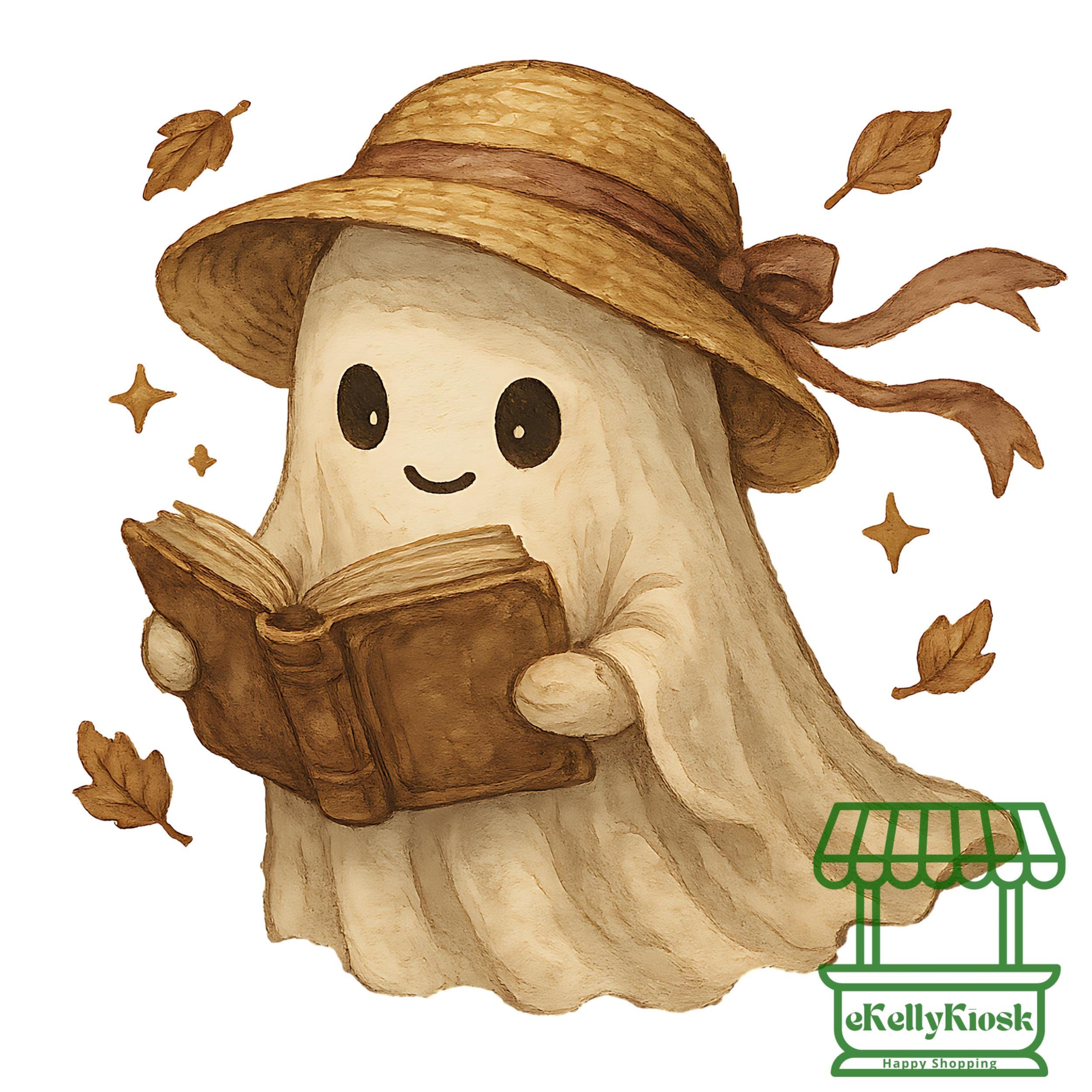 Cottagecore Ghost Reading Book Autumn Illustration (Digital Download)