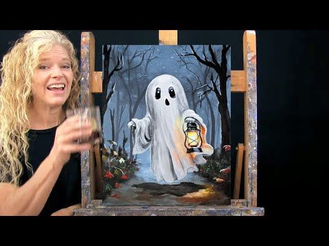 GHOST AND LAMP – Learn How to Draw & Paint with Acrylics – Easy Fun Halloween Paint and Sip at Home