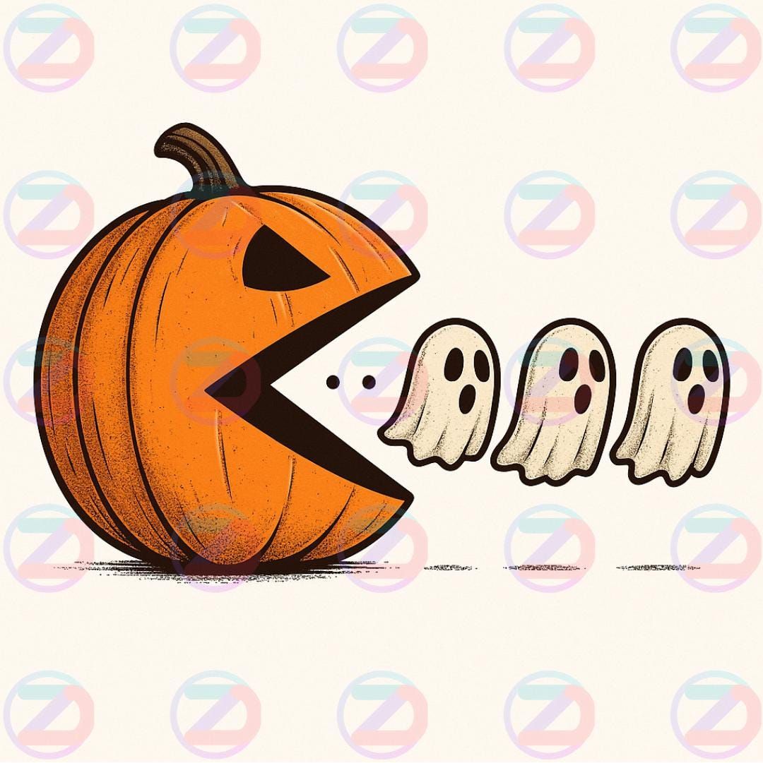 Halloween Pumpkin Arcade Monster – Premium Digital Illustration of Jack-o’-Lantern Chasing Ghosts