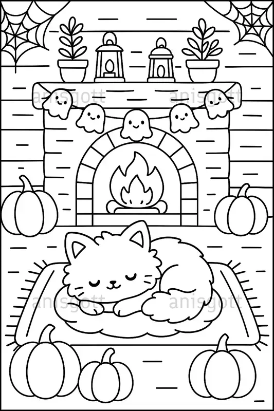 Cozy Spooky Cats Halloween Coloring Pages ChatGPT Image Prompt | PromptBase