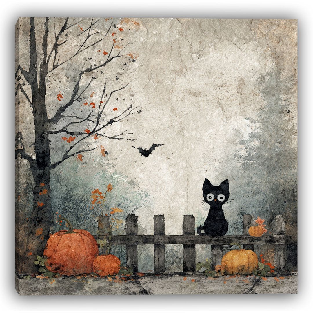 The Holiday Aisle® «Black Cat and Pumpkins Fence Scene», art mural sur toile tendue