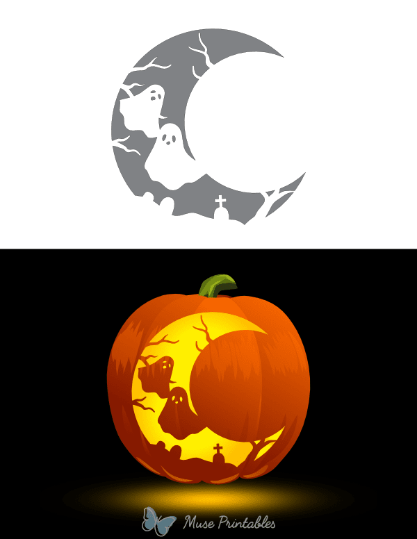 Printable Ghosts and Crescent Moon Pumpkin Stencil