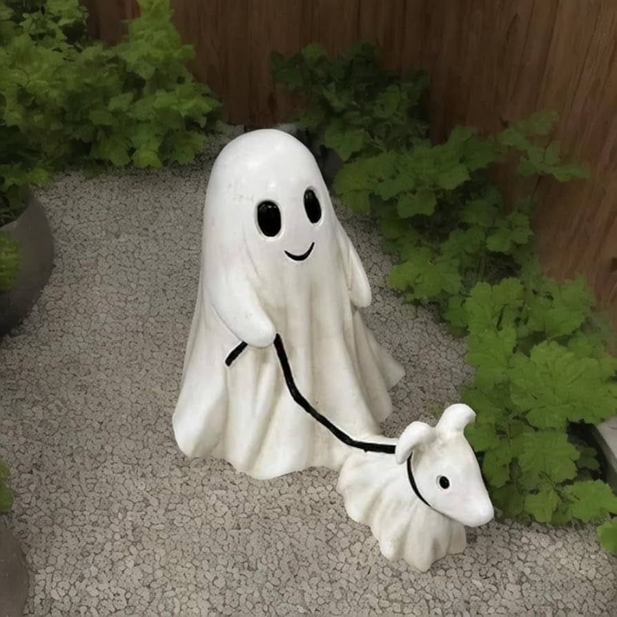 GSHLGAO 2024 Halloween Ghost Walking Dog Statue: Ghost Walking His Ghost Dog Halloween Figurine Fall Decorations for Spooky Home Tabletop Decor(2 PCS)