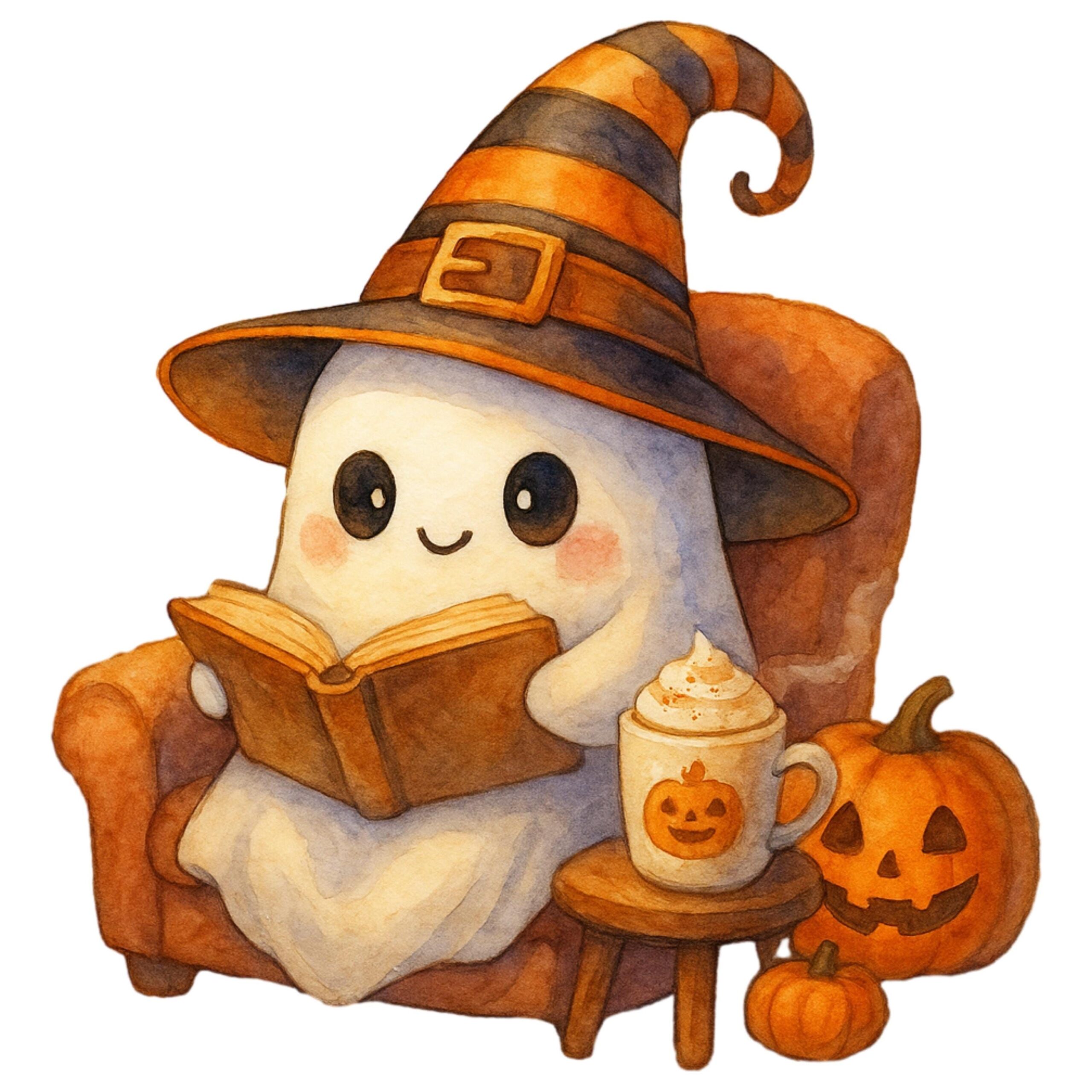 Kawaii Ghost PNG Clipart: Pastel Halloween, Witch Hat Design (Digital Download)