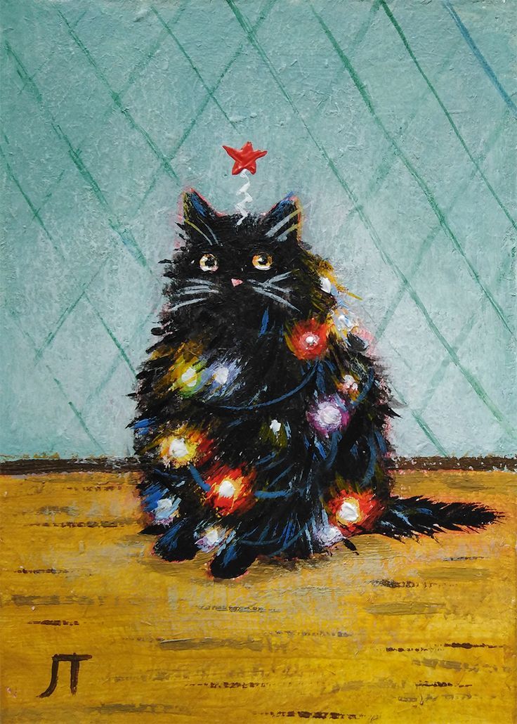 ACEO PRINT of Painting Black Santa Cat In Lights Christmas