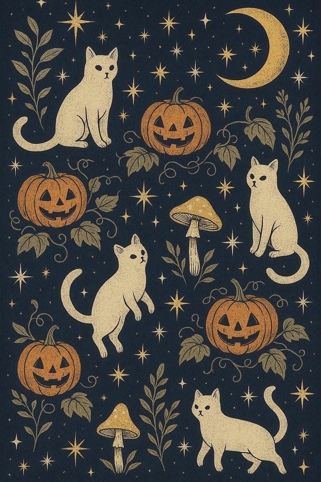 Exclusive Celestial Halloween Print – Astrology Stars, Moons, Mystical Cats & Pumpkins – Magical Seamless Gothic Design, Plush Velvet