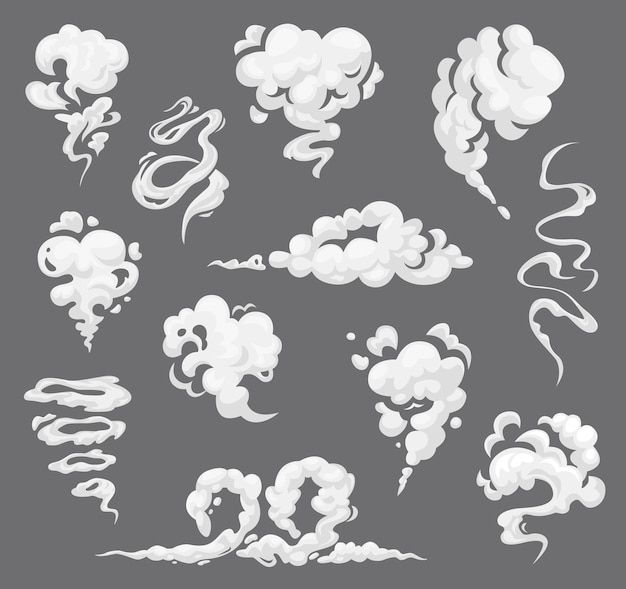 Cartoon clouds, steaming smoke flows, steam explosions smog and smoke clouds | Premium Vector