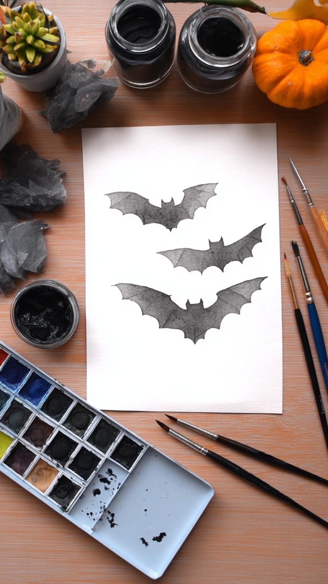 Flying Bats Halloween Watercolor Painting Inspiration