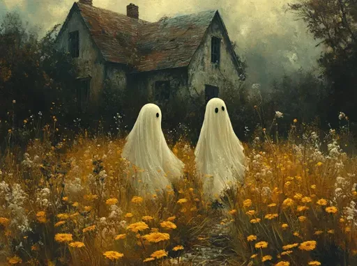 Ghostly figures in a field, abandoned house, atmospheric painting.