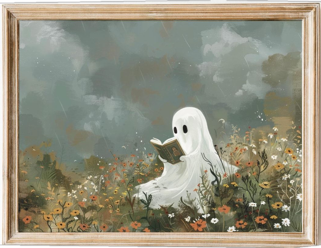 Halloween Cute Ghost Reading in Flower Field, Spooky Ghost Print, Printable Halloween Decor, Books Lovers, Ghost Print, Vintage Painting. – Etsy