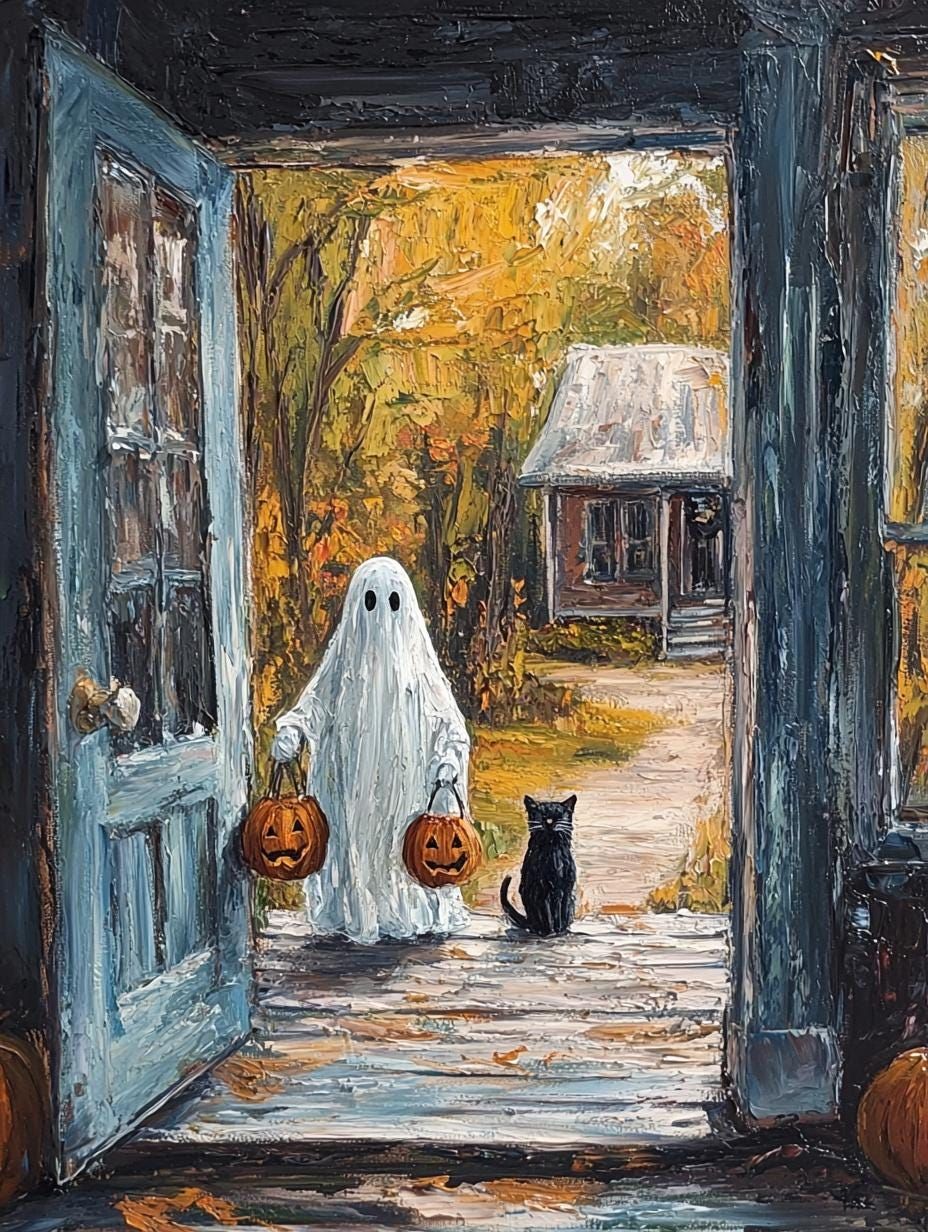 Lustiger Vintage Halloween Leinwanddruck von Geist mit schwarzer Katze | Norman Rockwell inspirierte Wandkunst | Benutzerdefinierte Grafik | Digitaler Download