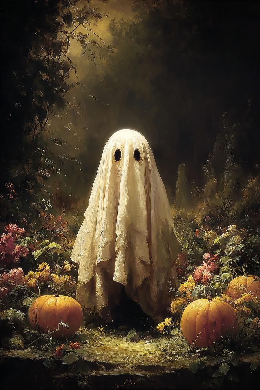 Cute Ghost art /AI art /Printable wall art /Halloween home decor /Halloween 2025 /Digital download /Autumn wall art /Pumpkin patch