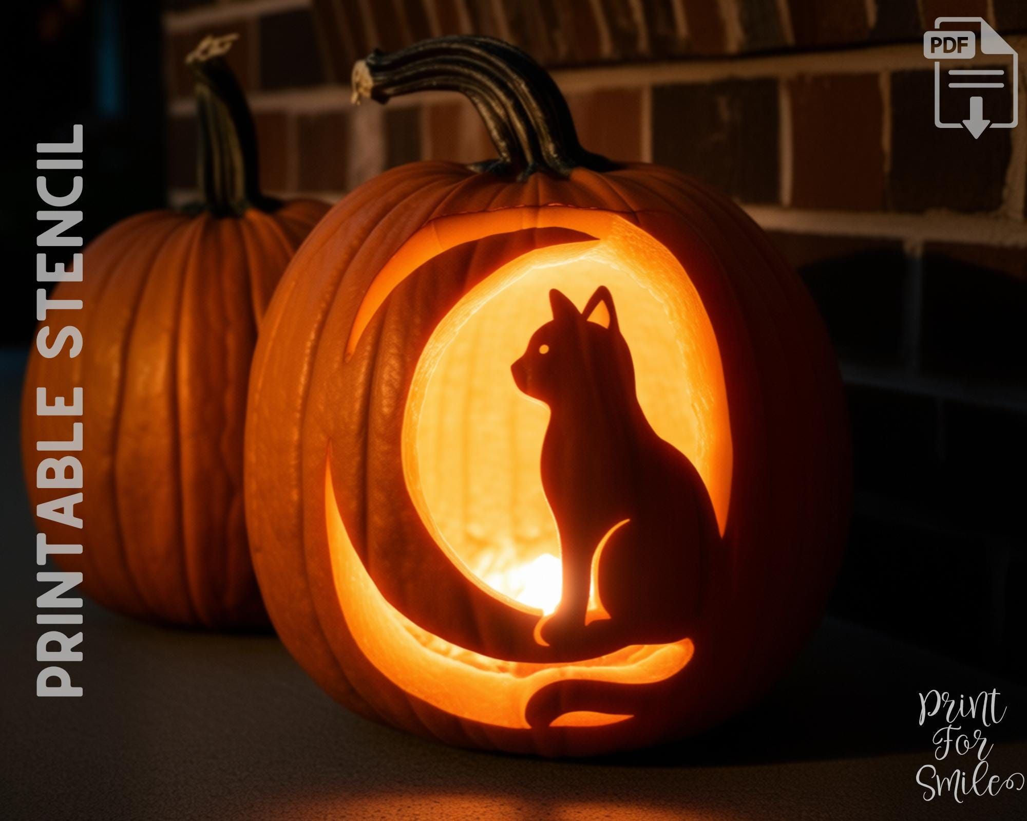 Cat And Moon Pumpkin Carving Stencil Template Pattern Halloween PRINTABLE