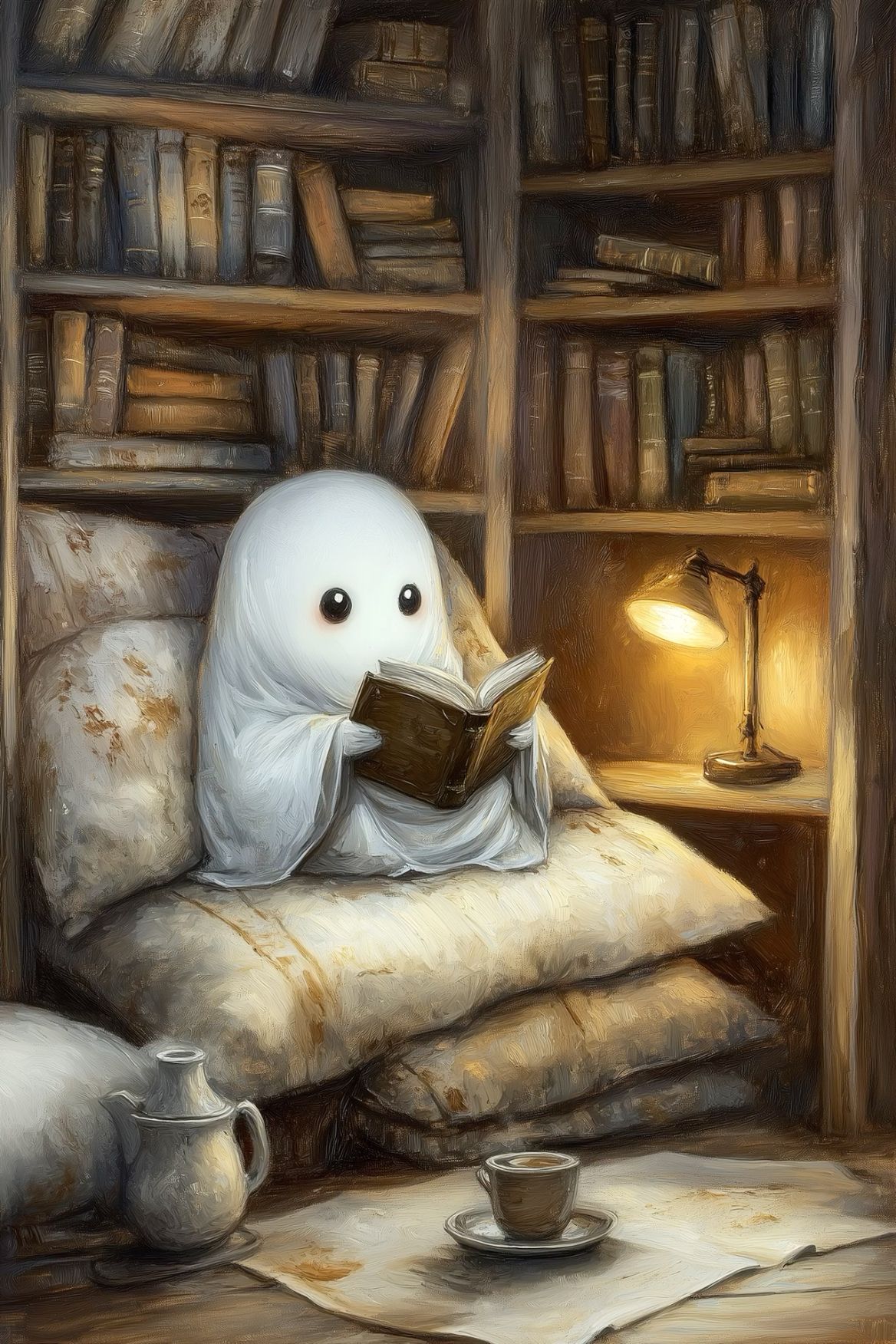 Cozy Ghost Reading Art | Cute Halloween Wall Print | Vintage Book Nook Decor