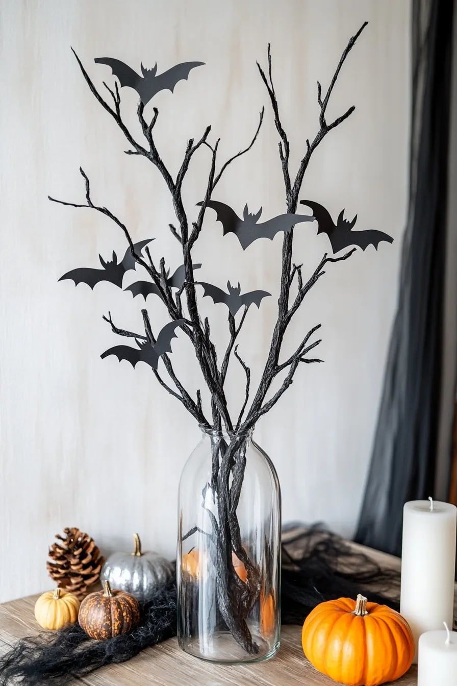 Creepy Tree Branch Vase with Paper Bats DIY Halloween Decor