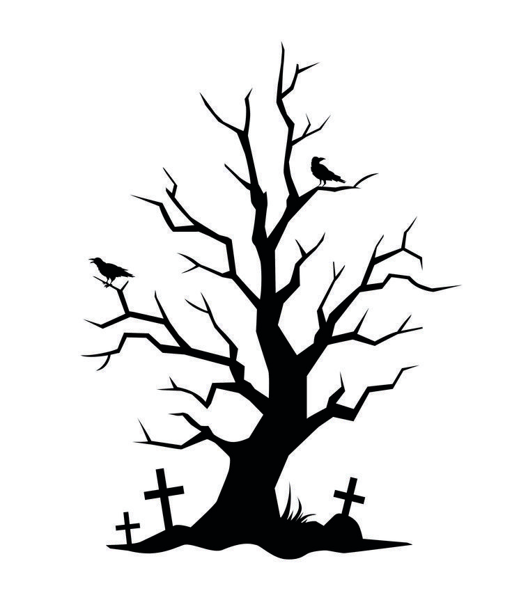 Horror halloween tree silhouette with ravens and graves. Vector illustration for halloween