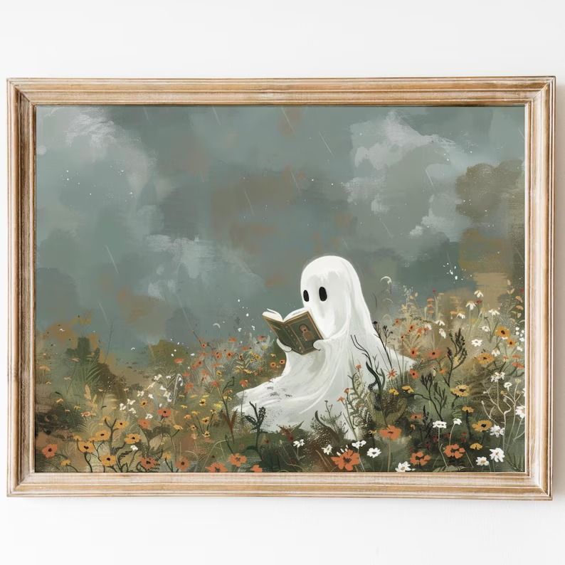 Halloween Cute Ghost Reading in Flower Field, Spooky Ghost Print, Printable Halloween Decor, Books Lovers, Ghost Print, Vintage Painting. – Etsy Canada