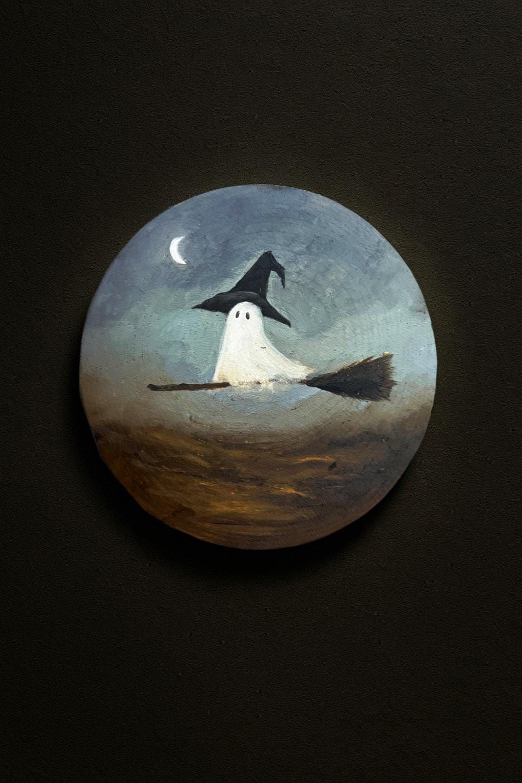 Hand-Painted Mini Ghost Oil Painting on Wood – Halloween Decor