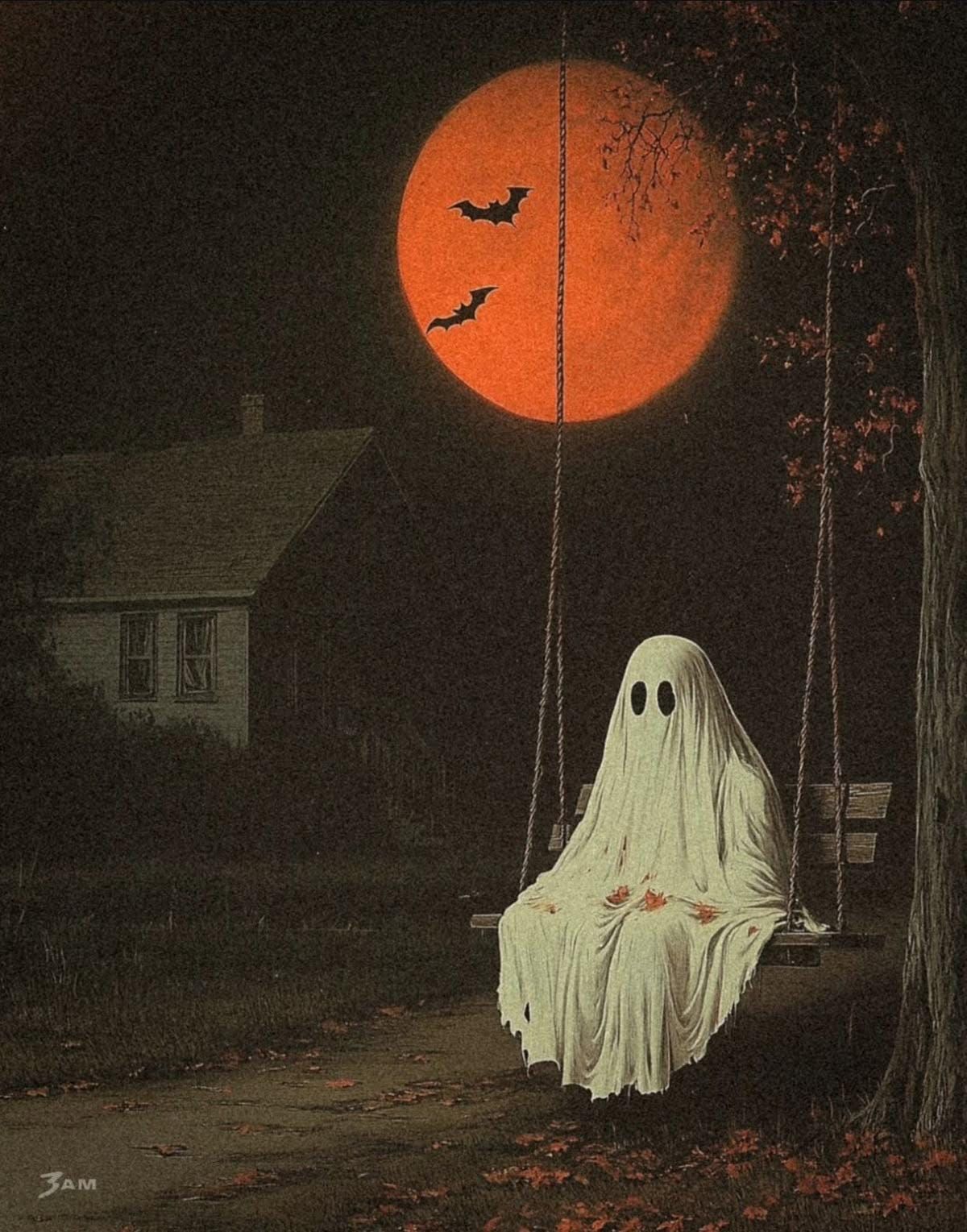 Spooky Sweet Ghost on Swing Halloween 8×10 Cotton Crafting FABRIC Block