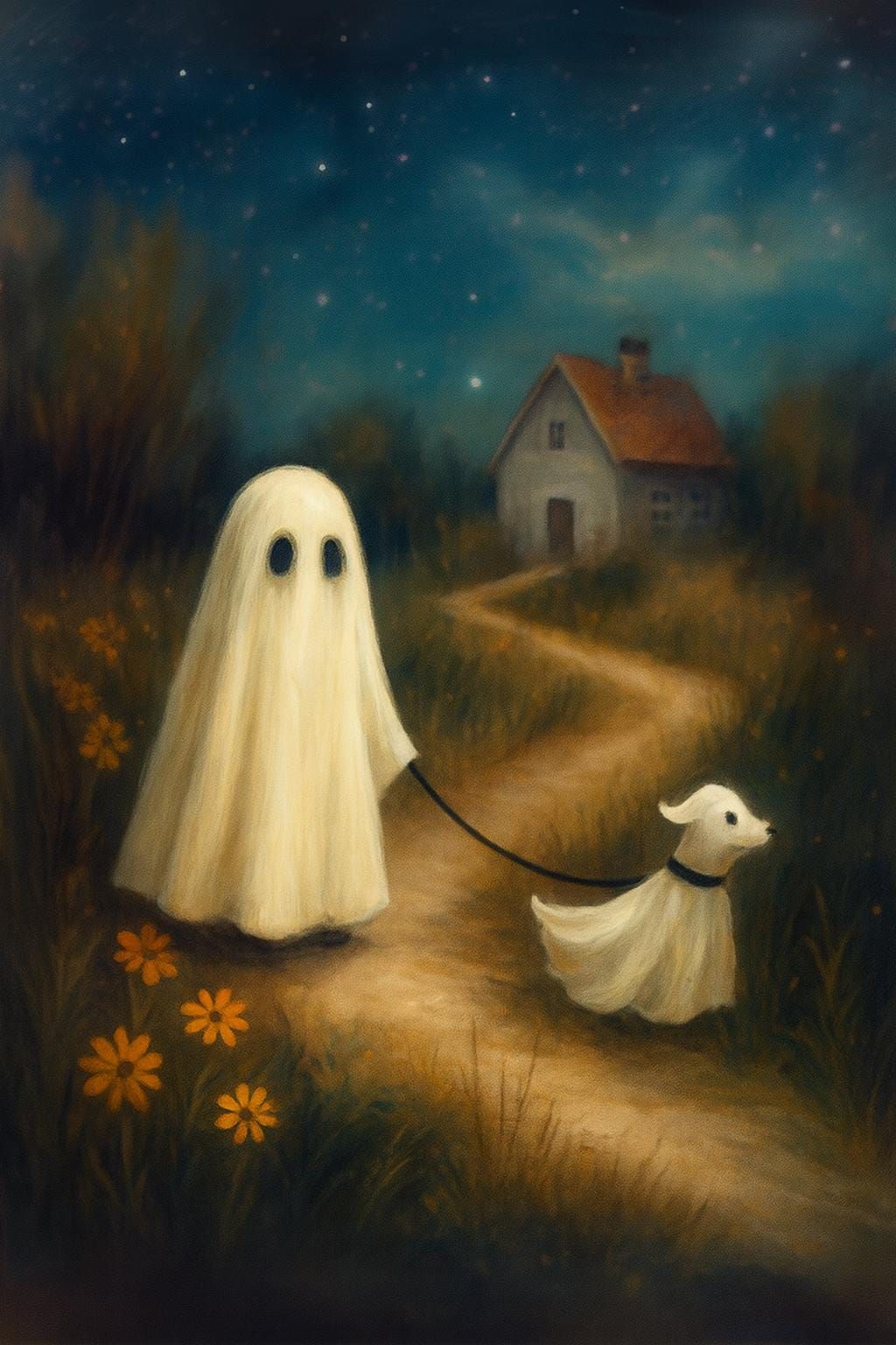 Halloween Ghost and Dog Wall Art Printable – Whimsical Fall Home Decor, Pet Lover Halloween Print, Spooky Instant Download