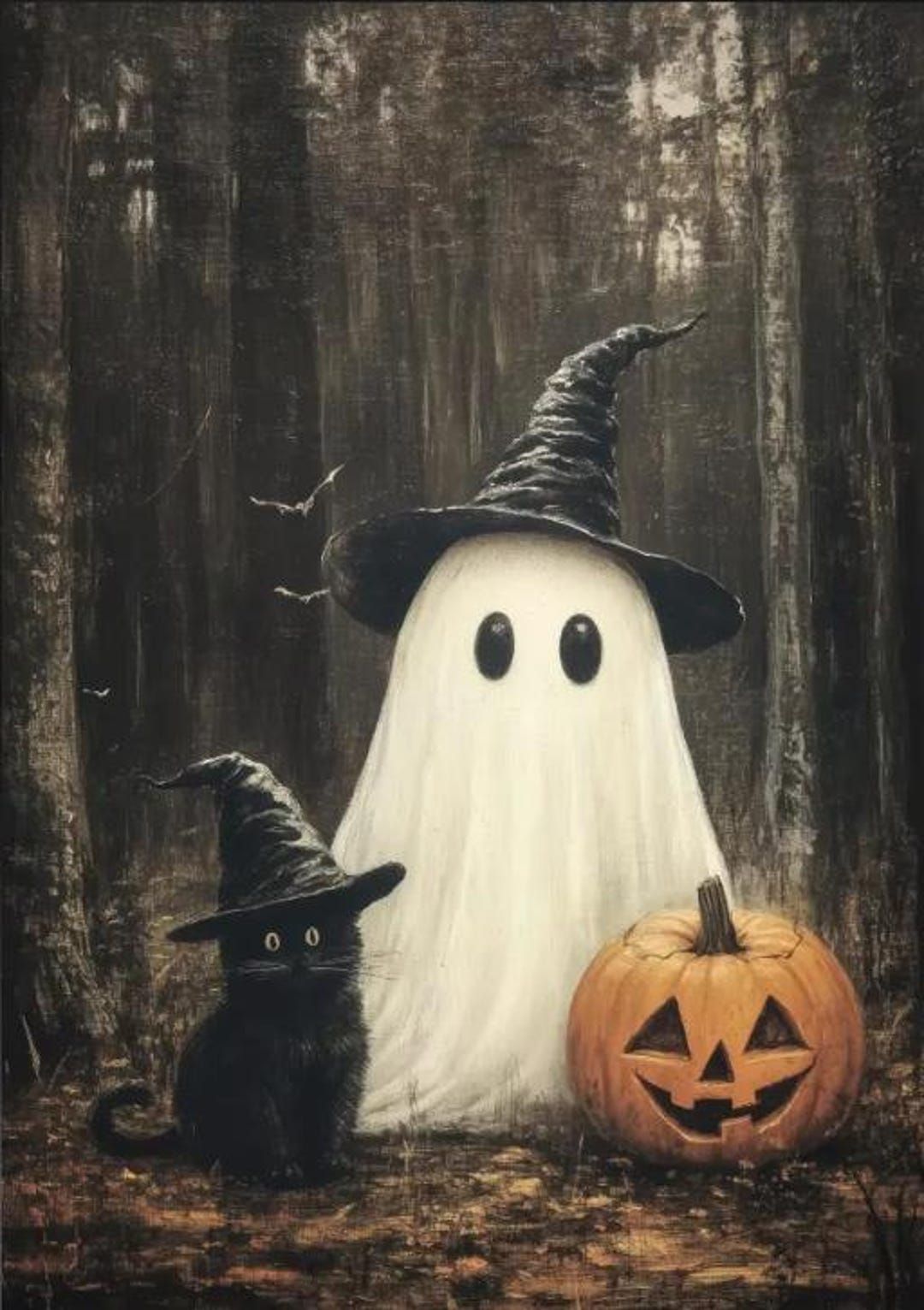 Cute Ghost and Black Cat in Dark Forest Print, Printable Vintage Halloween Wall Art, Poster Home Decor – Etsy