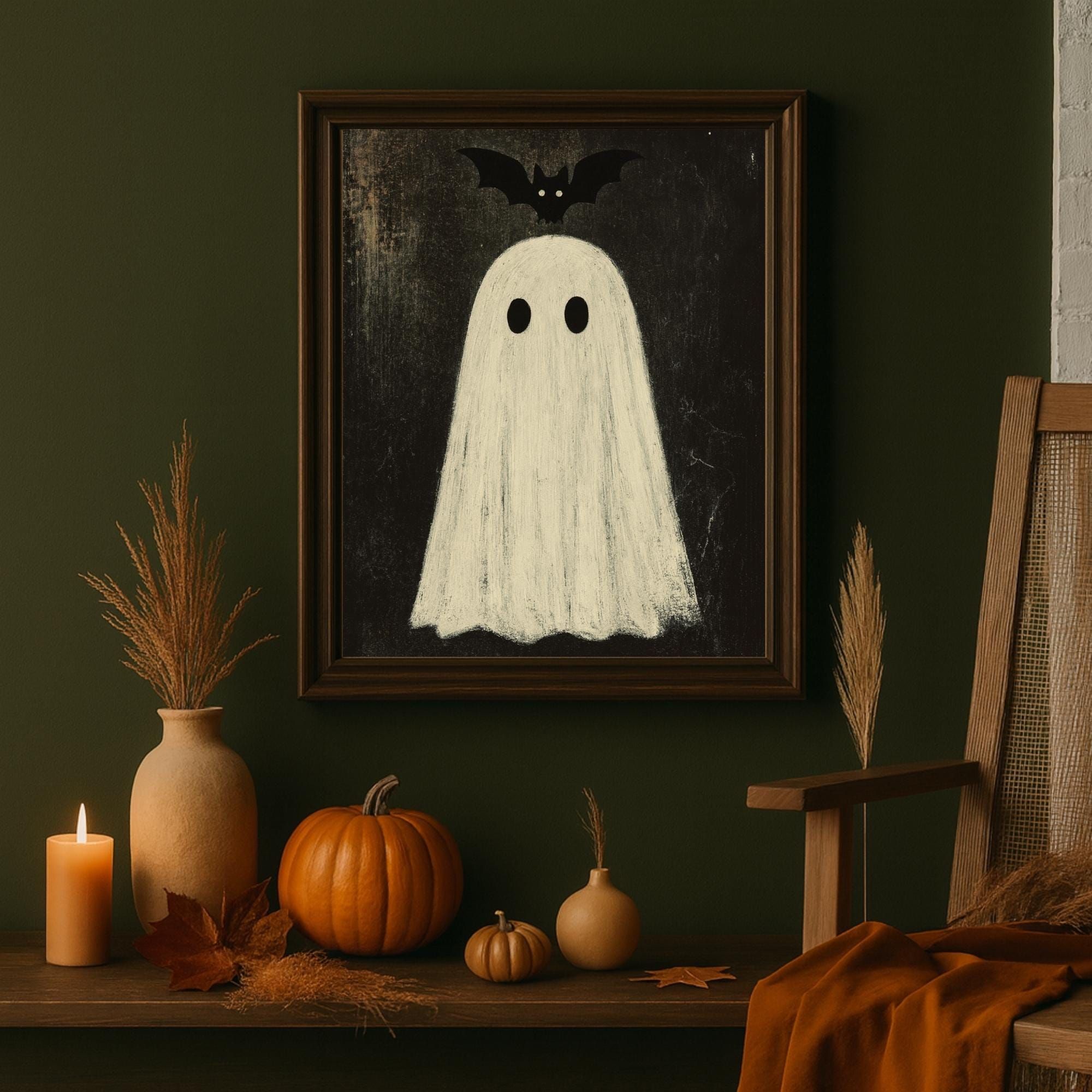 Minimalistische Geisterfledermaus zum Ausdrucken | Niedliche Halloween-Wandkunst | Neutrales gruseliges Dekor | Digitaler Download für die Herbst Galleriewand