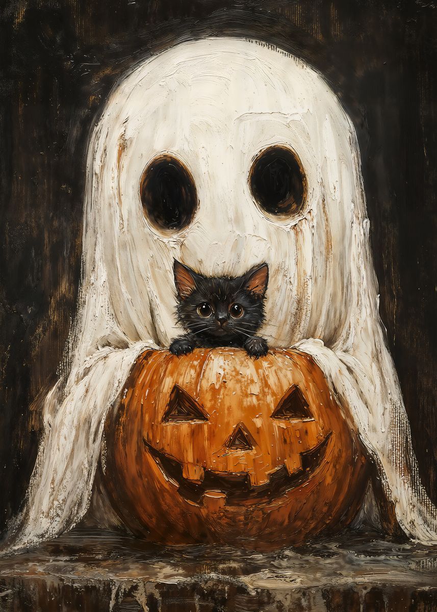 ‘Spooky Cute Ghost and Black Cat with Pumpkin’ Poster, picture, metal print, paint by AnneLaure GOUPIL | Displate