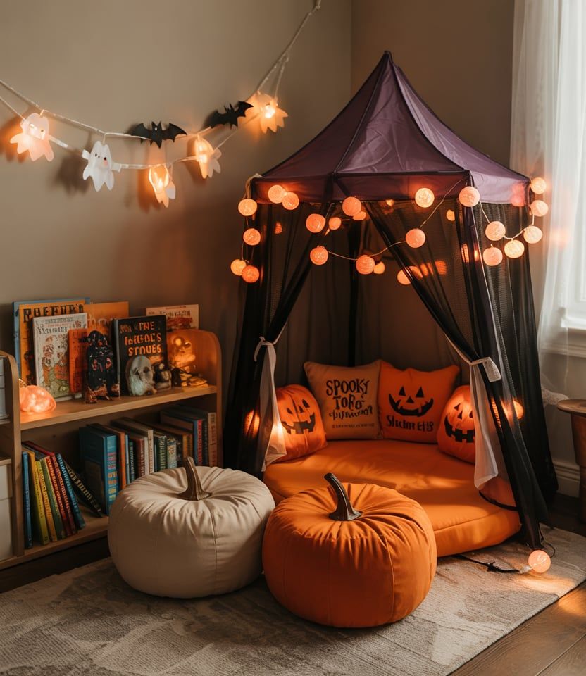 Whimsical Kids’ Autumn Decor 2025 Reading Nook with Pumpkins, Lights and Halloween Charm