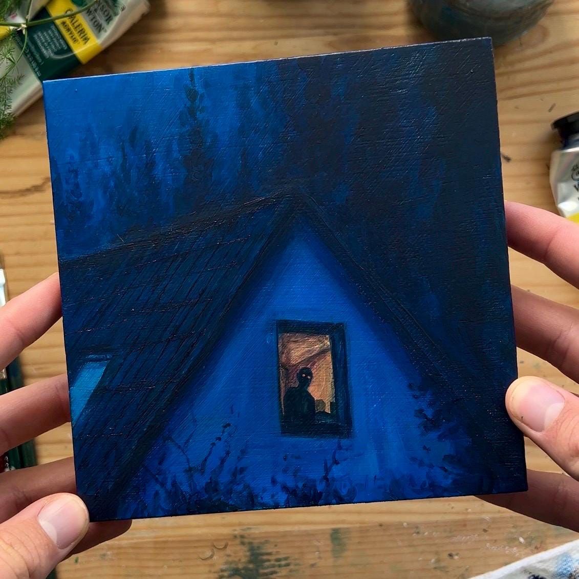 Gruseliges 6×6 Zoll Leinwand Gemälde, Original Acrylbild, Leinwand Kunstwerk, Nebliger Wald