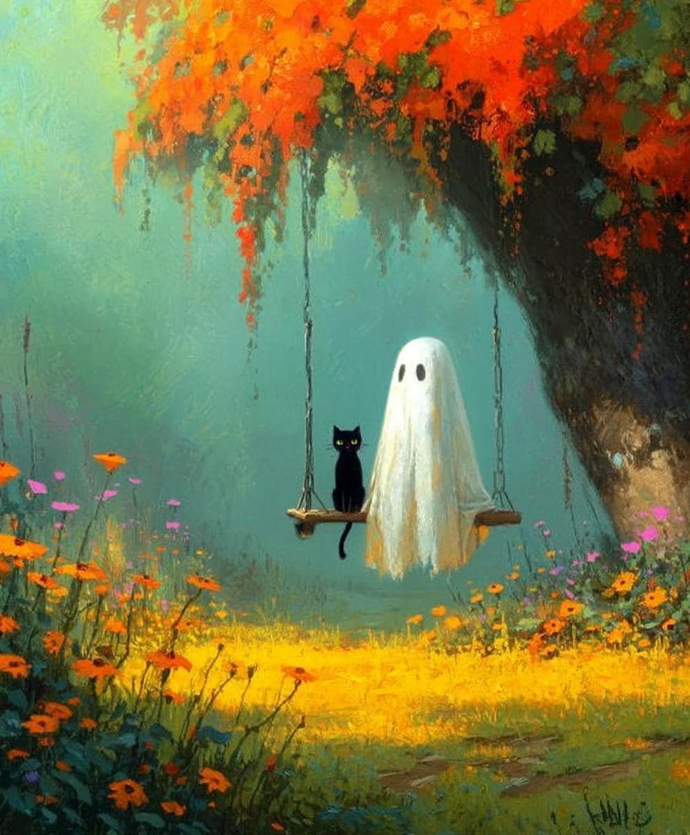 Ghost and Black Cat on Swings DIY Diamond Painting Kit, Full Square and Round Drill Diamond Mosaic, Paint With Diamonds, Halloween Diamond