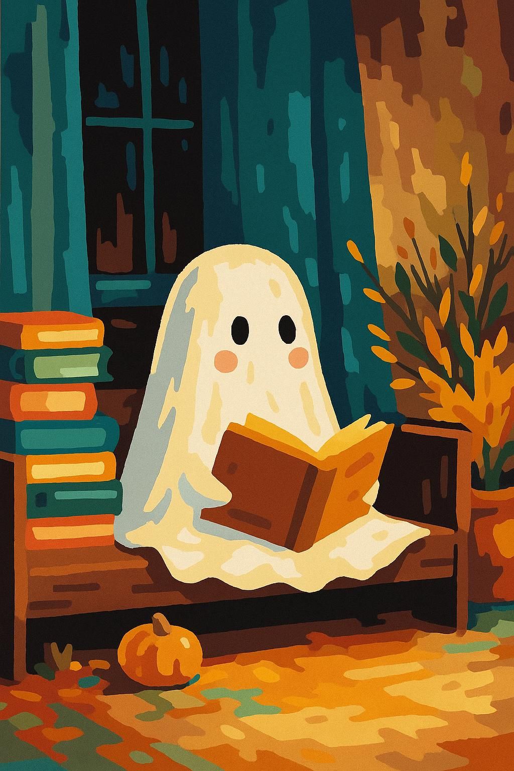 Cozy Ghost Reading Paint by Numbers Kit for Adults Halloween Cute Spooky DIY Art Whimsical Autumn Wall Decor