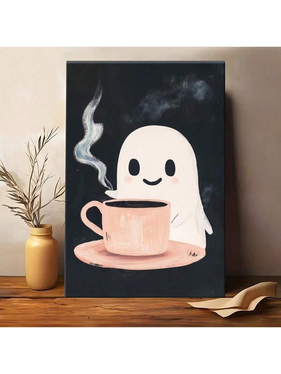 1pc Framed Canvas Wall Art, Coffee Halloween Art Print Canvas Poster Painting Wall Decor, Ideal Gift For Bedroom Living Room Hallway Dorm, Ready To Hang
