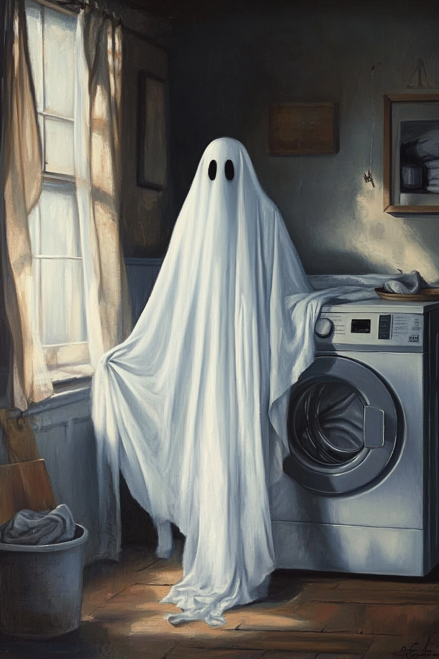 The Etsy listing is for a “Spooky Ghost on Laundry Day Art Print.”