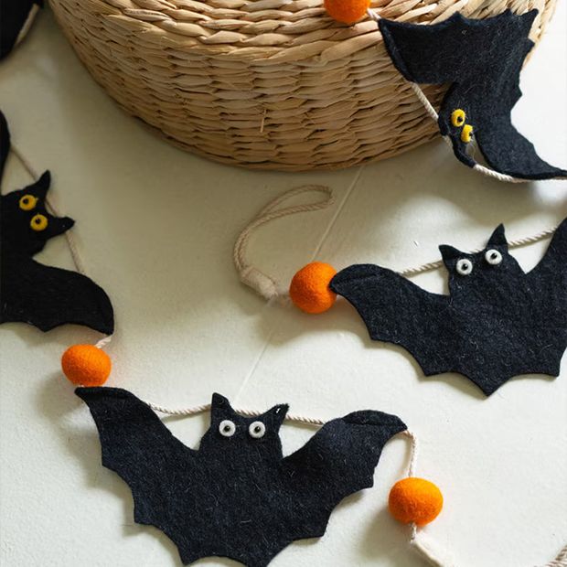 Festive Felt Bat Halloween Garland, Synthetic Fibers | Antique Farmhouse