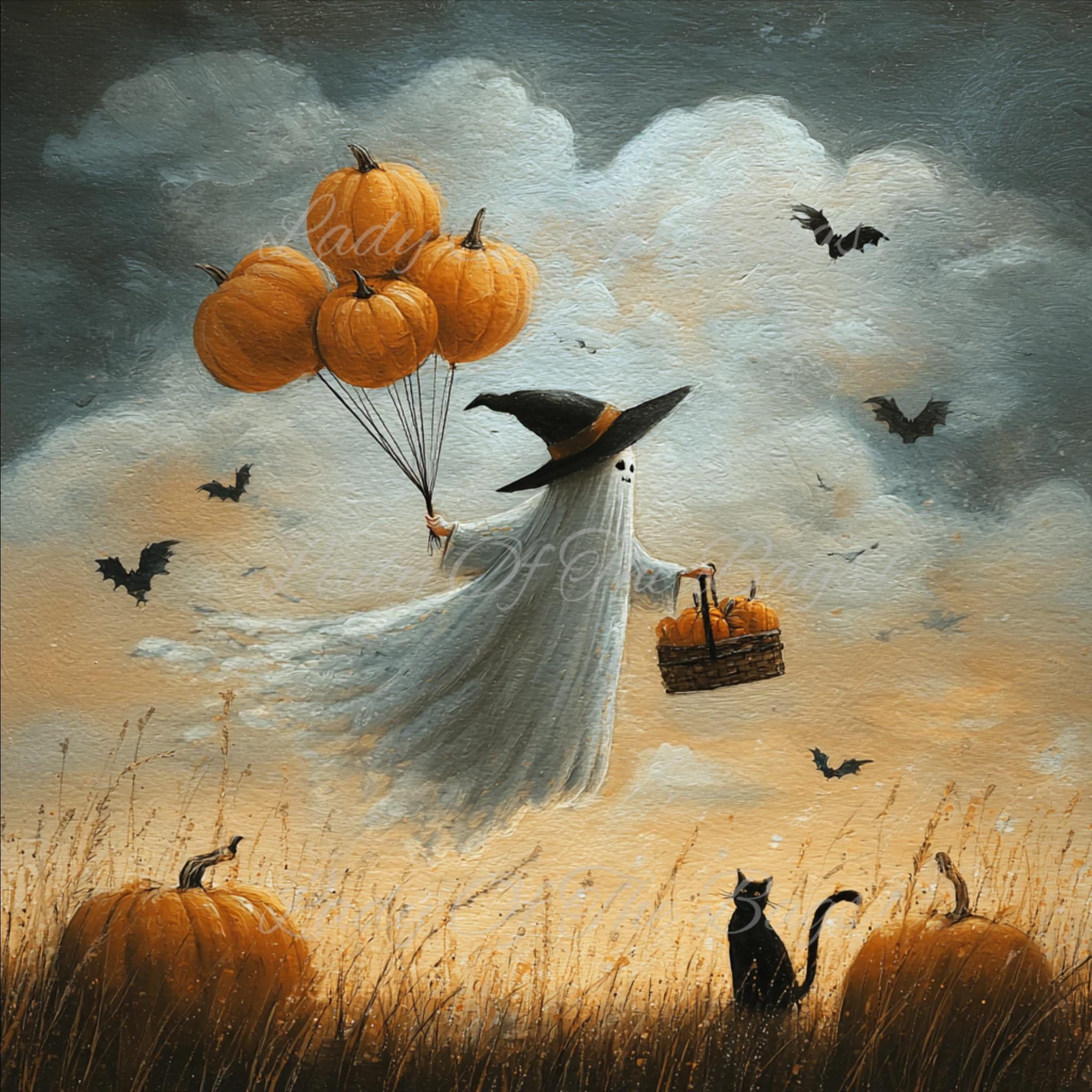 Halloween Gespenst Print: Kürbis Ballon Volkskunst (Digitaler Download)