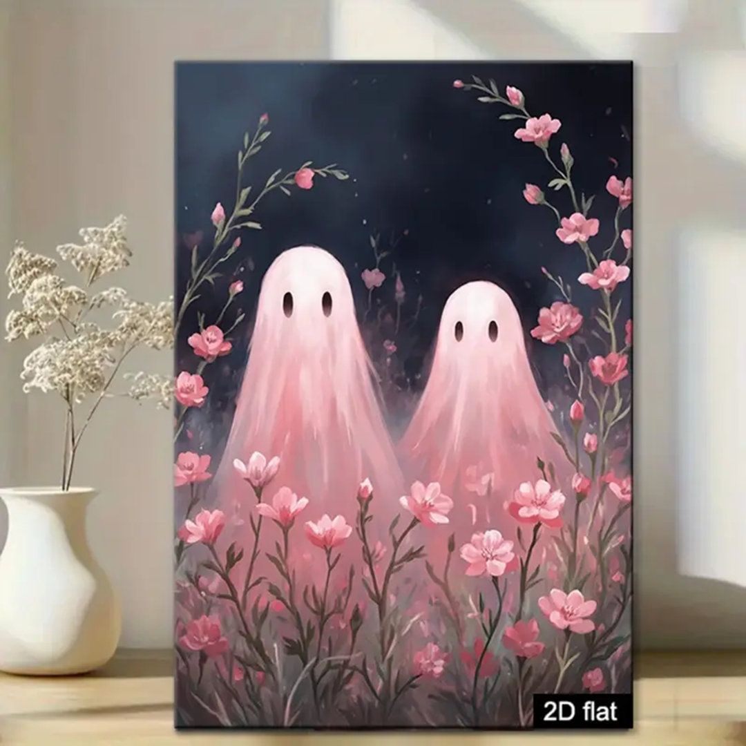 Ebern Designs 24 “18 1pc, art mural d’Halloween gothique sur toile – peinture florale rose fantasmagorique avec fantômes, décor encadré moderne pour l