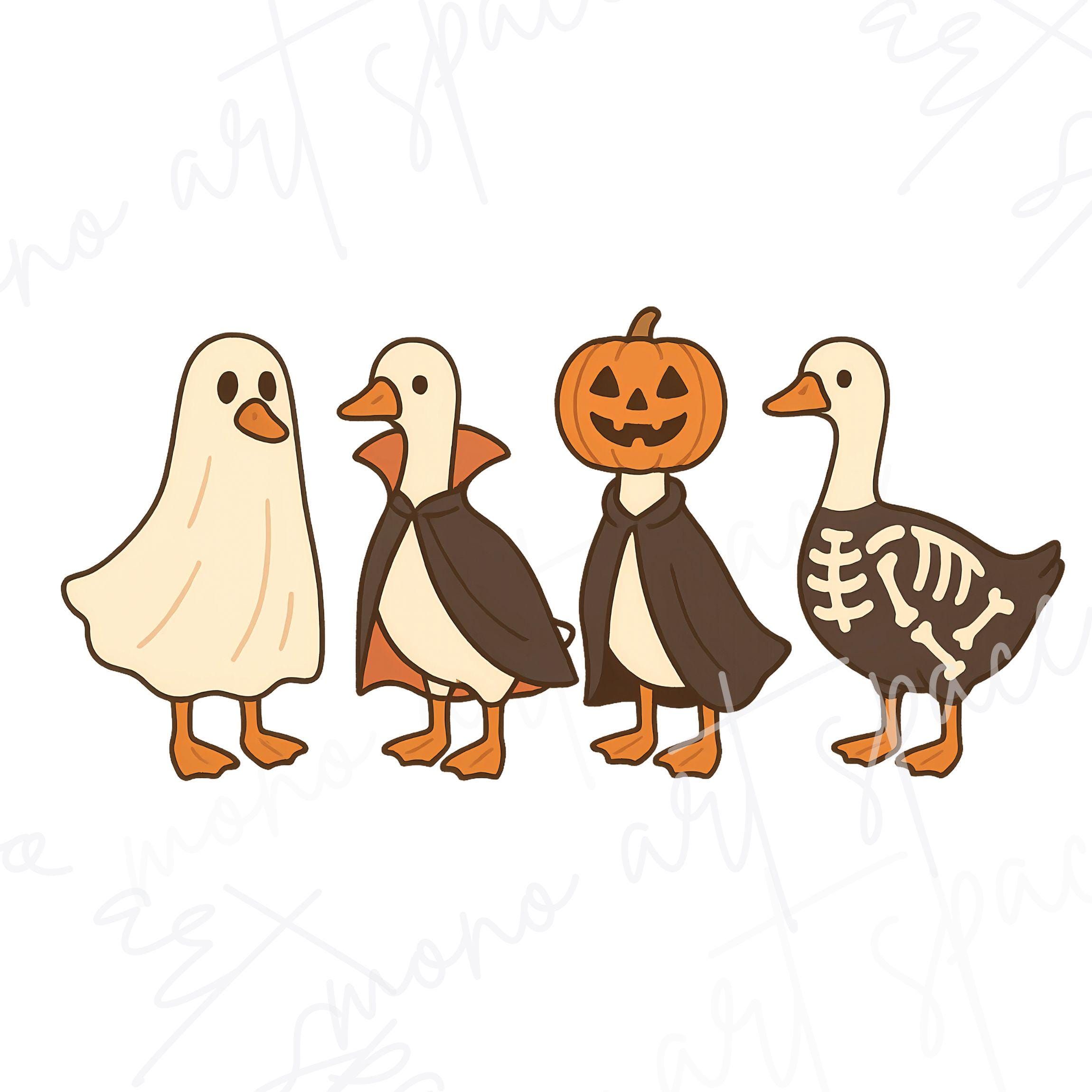 Cute Fall Animal Shirt Art, Halloween Goose Trio PNG, Witch Ghost and Pumpkin Goose Sublimation Design, Spooky Season Printable 300 DPI