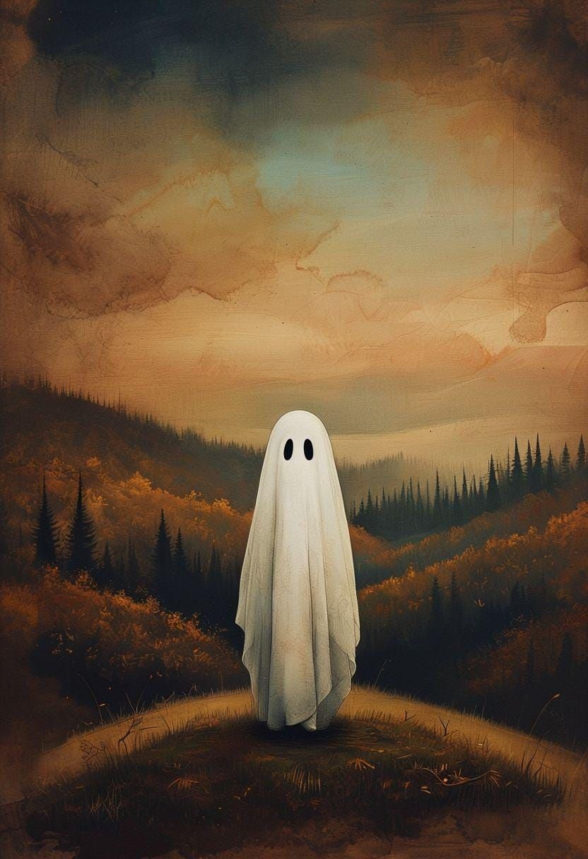 Ghost in a spooky forest, October, halloween, spooky season, vintage ghost