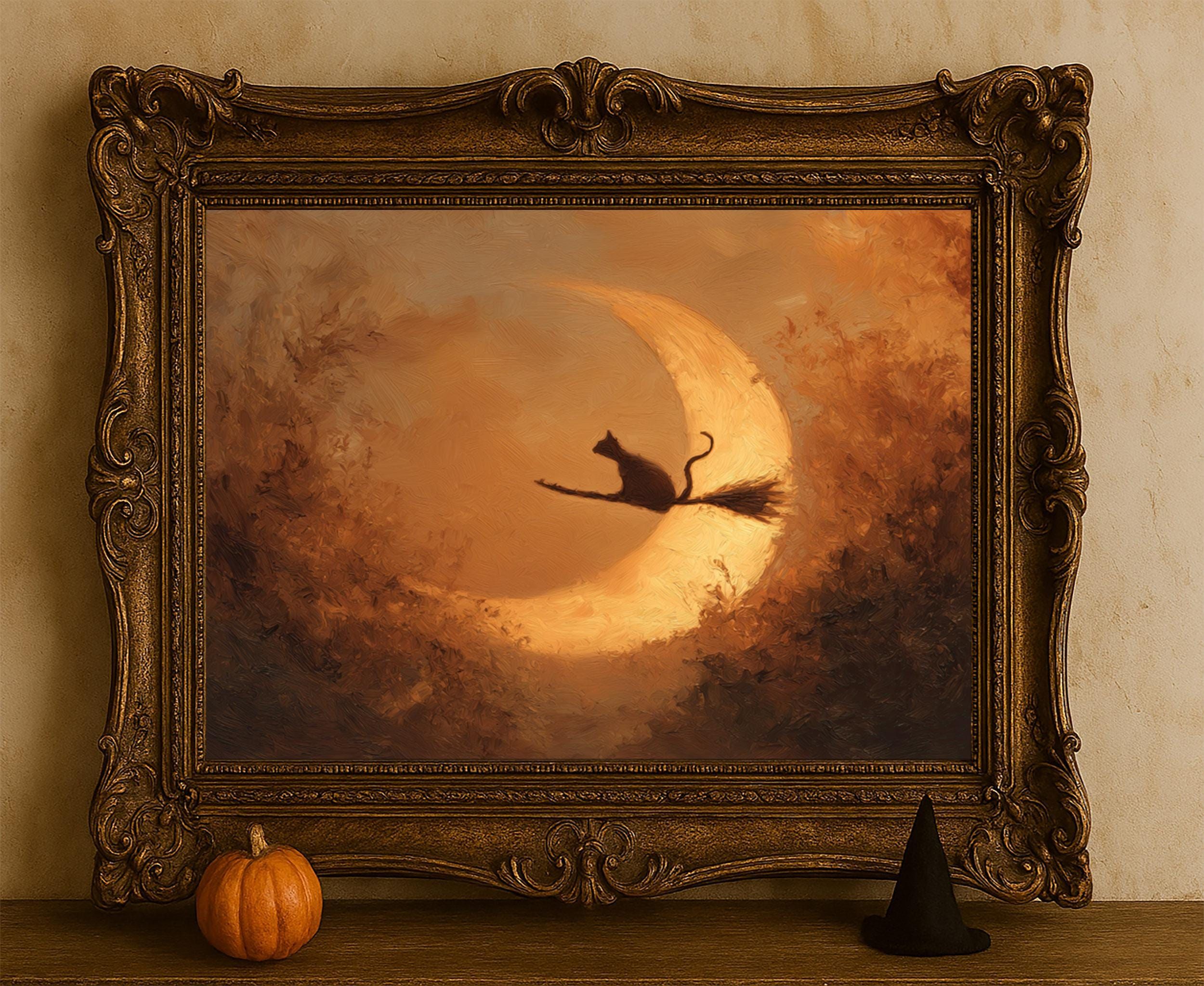 Vintage Halloween Cat Witch Print: Spooky Cottagecore Wall Art (Digital Download)