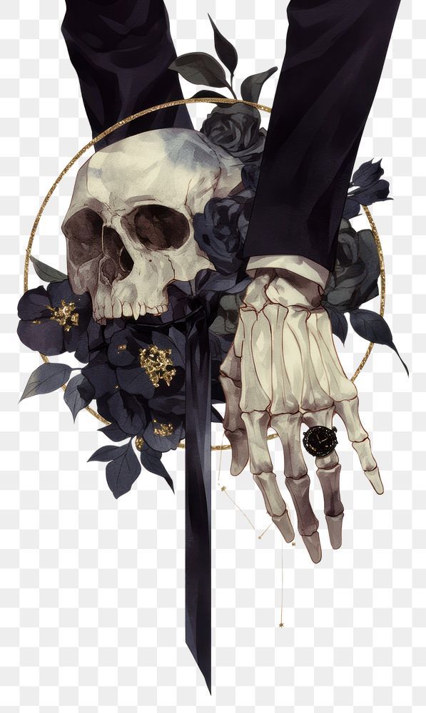 Download premium png of PNG Skull, skeleton hand, dark roses by Boom about skeleton, gothic, vintage gothic, coquette, and black coquette 15199472