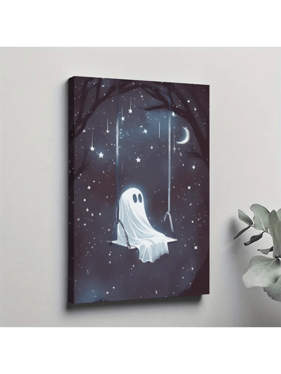 1pc Halloween Framed Canvas Poster, Starry Night Ghost Wall Art Canvas Paintings, Ideal Gift For Bedroom Living Room Corridor, Wall Art, Wall Decor, Winter Decor, Room Decoration