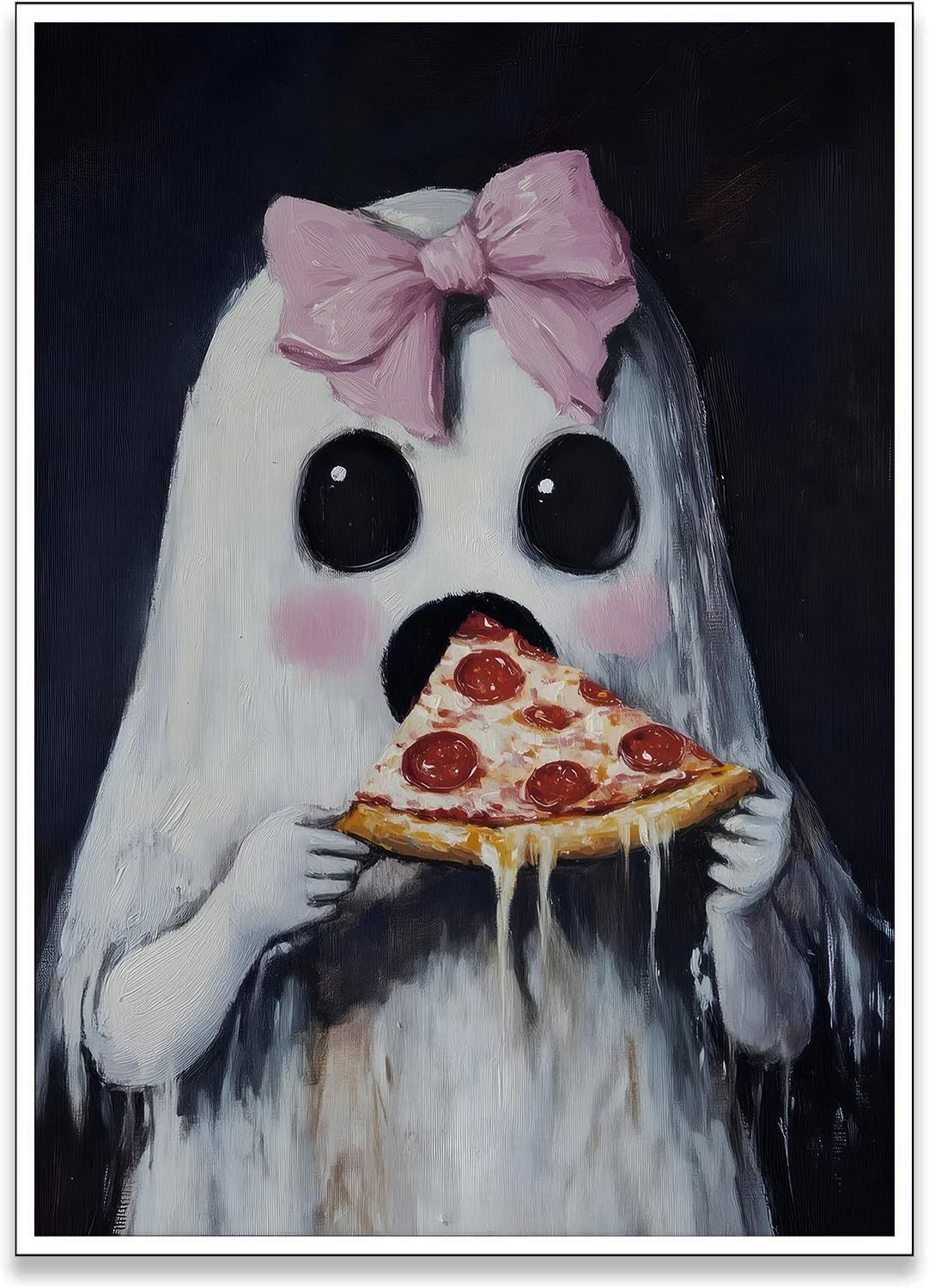 Ghost Wall Art Cute Ghost with Pink Bow Eating Pizza Prints Gothic Spooky Halloween Posters Girly Bedroom Dorm Wall Decor Pictures (pink, 8x10in poster)