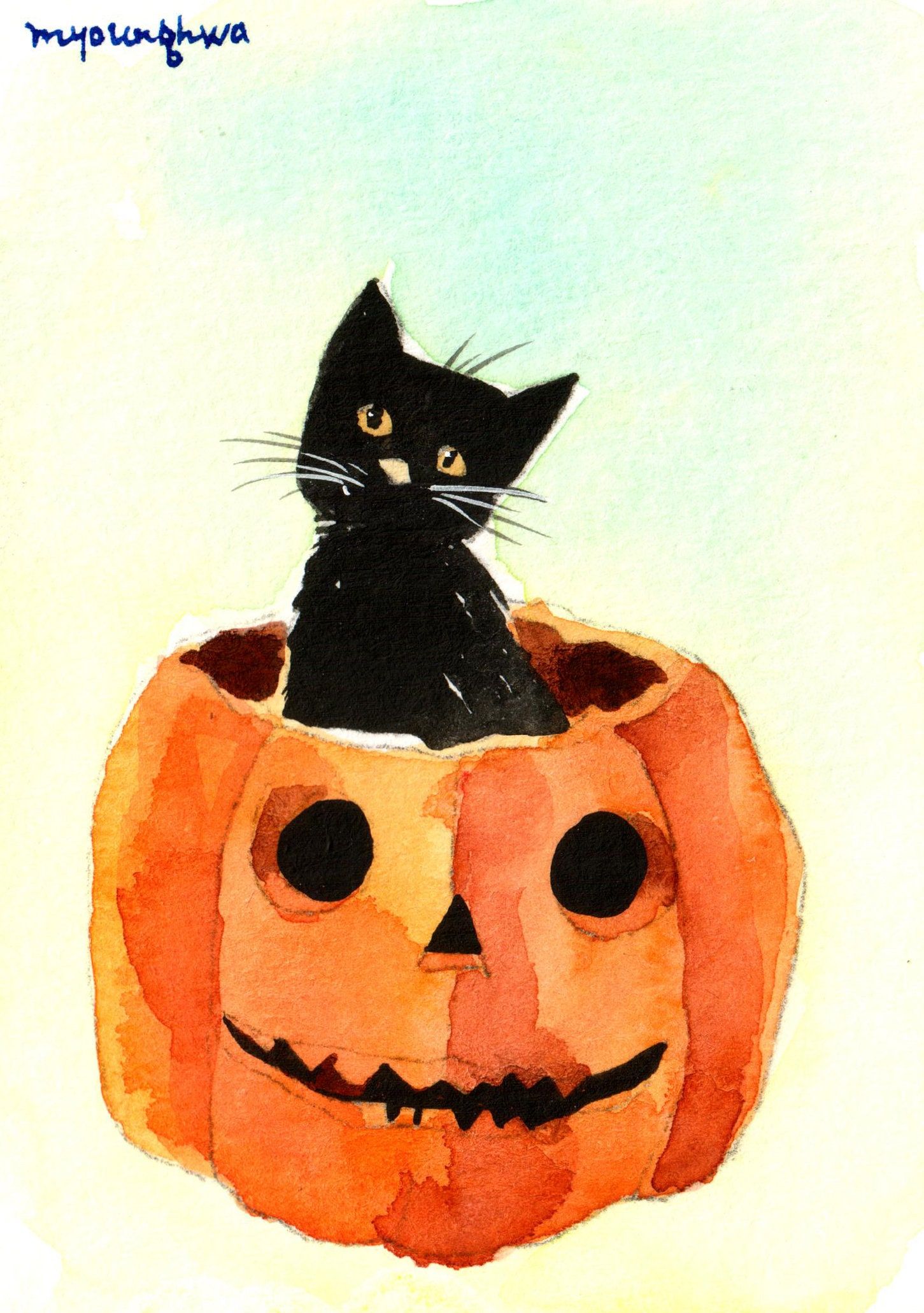ACEO ORIGINAL watercolor, Halloween black cat, Collectible art, Halloween painting inspired by vintage art, Halloween decor, Spooky night