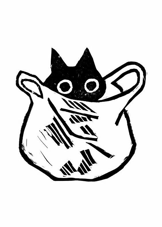 Cute and Playful Black Ink Tattoo Art of Cat in Shopping Bag