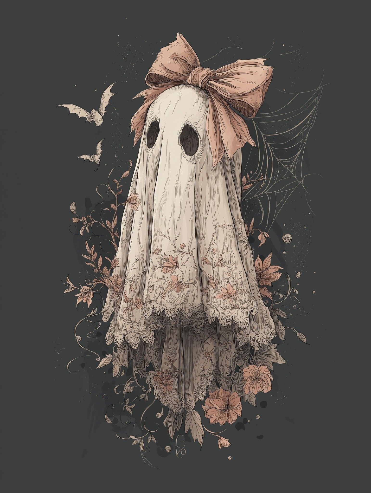 Gothic Ghost Wall Art Print – Vintage Floral Halloween Decor, Spooky Home Aesthetic, Elegant Ghost