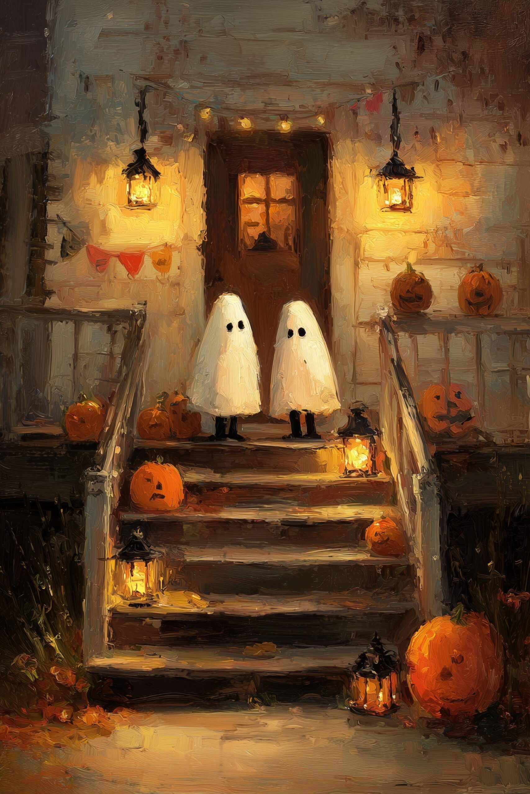 Ghost Kids Halloween Painting | Pumpkin Porch Spooky Wall Art | Autumn Home Decor