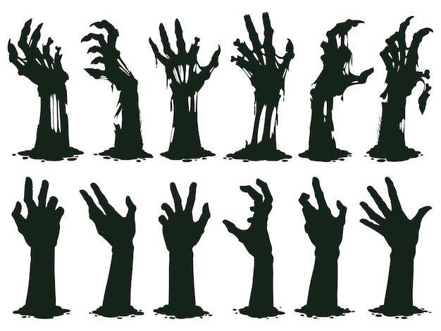 Creepy zombie hands silhouette crooked lambs stick out of graveyard ground vector illustration set | Premium Vector