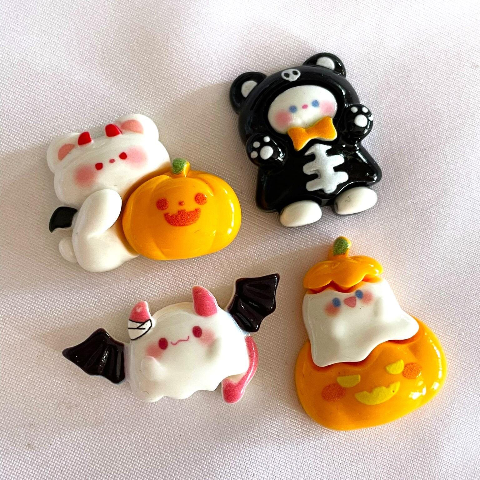 Set of 4 Halloween Ghost Bat Devil Flat Back Resin Cabochon, Cute Creepy Spooky Charm, Decoden Lover for DIY Hair Phone Accessories