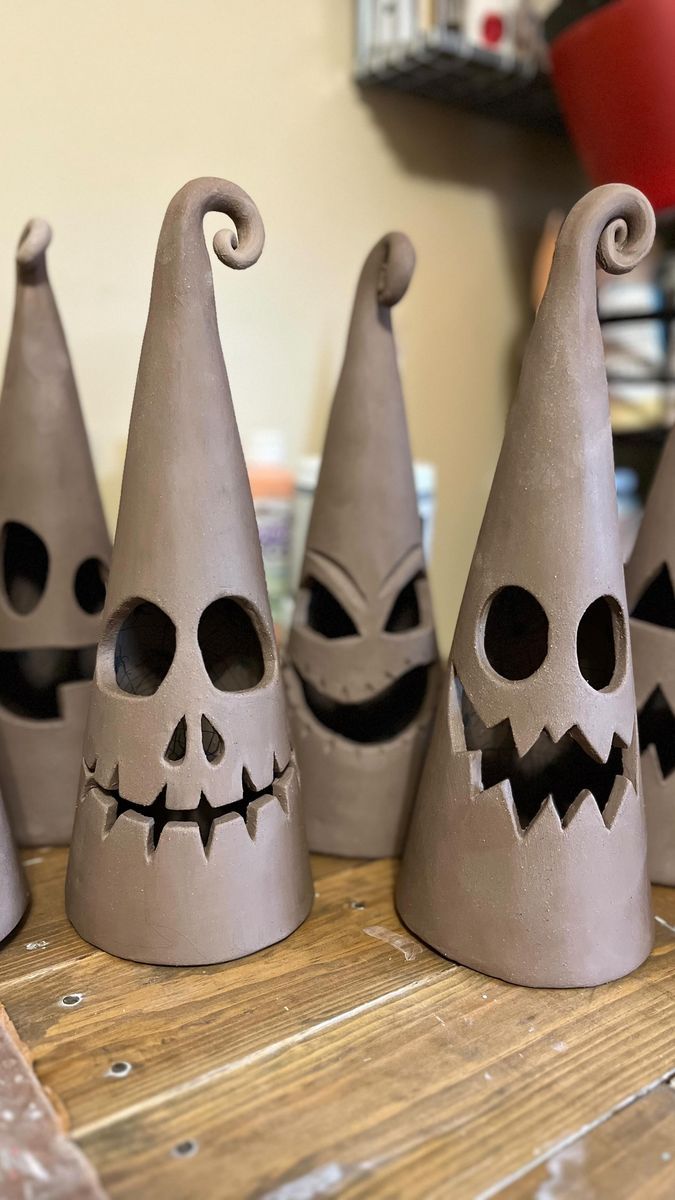 345 reactions · 64 shares | 1st batch of hand-built Halloween clay luminaries is done! 1) I forgot how long these take to make and carve  2) My goal is to make 12 every week until Halloween…wish me luck!  #fallvibes #halloweenluminary  #handmade #handbuildingclay #spookyseason #art | Holly’s Hobbies Ceramic Creations | Facebook