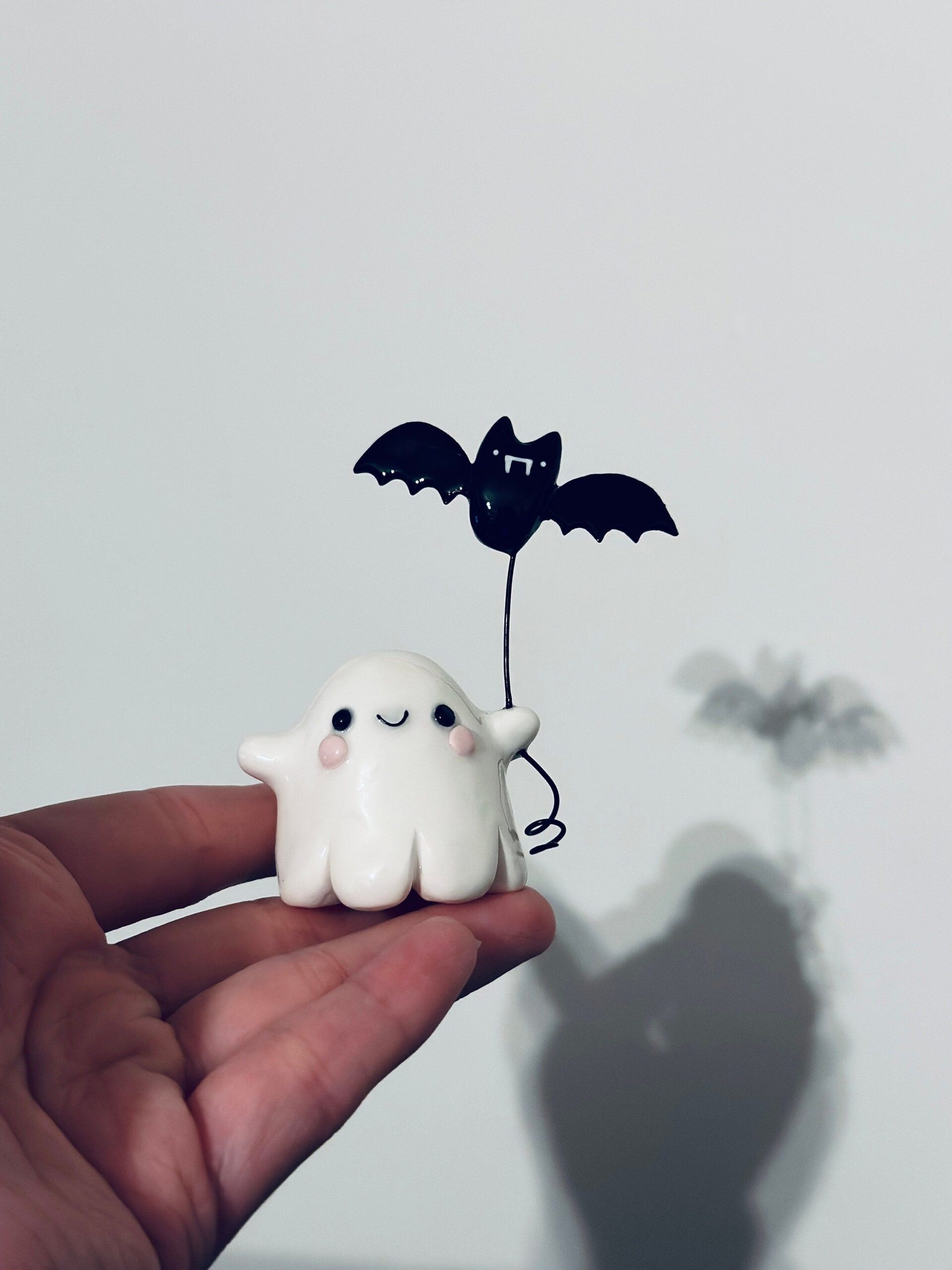 Handmade Ghost with Bat Balloon Figurine | Friendly Ghost Desk Buddy | Cute Halloween Decor | Ghost Trinket | Small Cute Blushing Ghostie